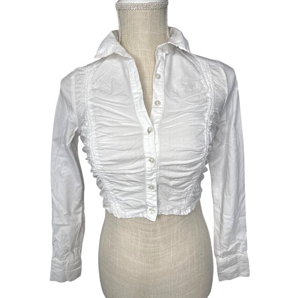 Urban Outfitters White Ruched Long Sleeve Button-Up Crop Shirt XS - Picture 1 of 8